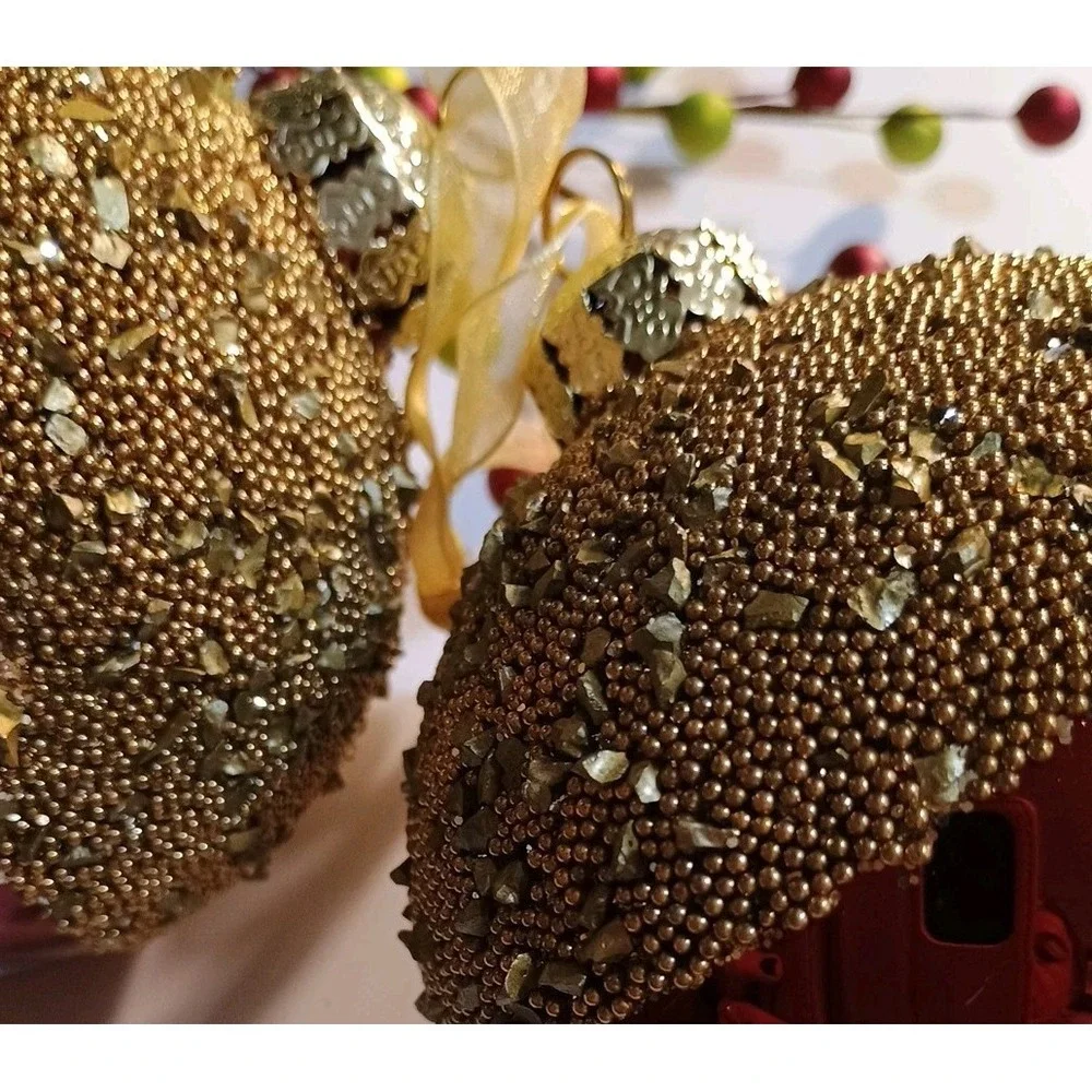 Pair Of Frontgate Glass Christmas‎ Ornaments Red And Gold Beaded Embellished